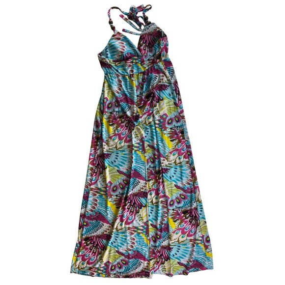 Multicolor Maxi Dress Halter Neck & Beaded Small Boho Hippie Sexy Stretch Casual - Picture 2 of 5